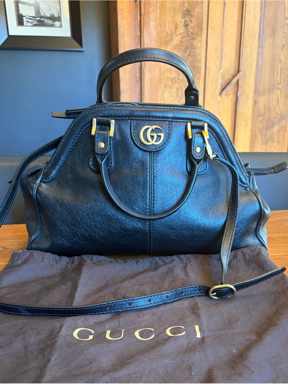 Gucci Black Leather Satchel with Gold Double G Hardware Re (Belle) collection